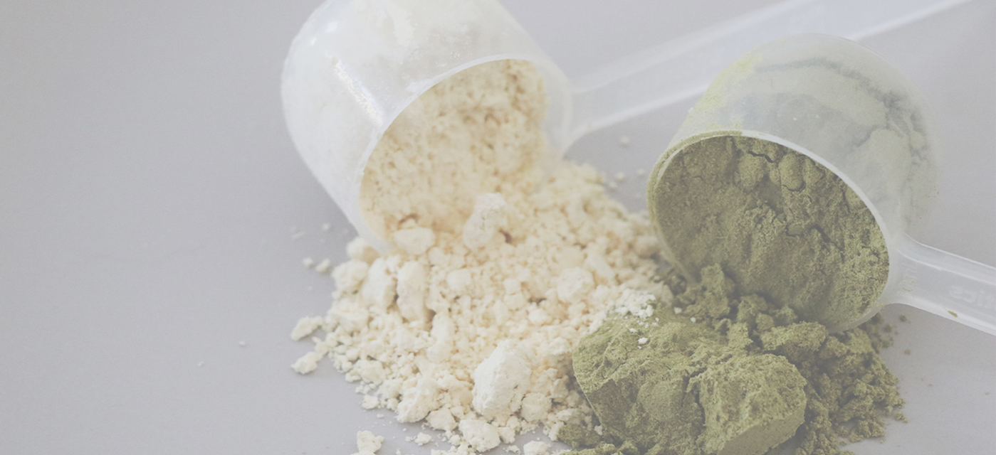 A scoop of whey protein and a scoop of hemp protein